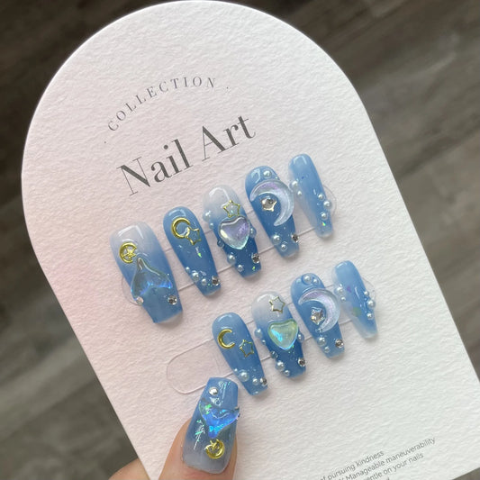 10Pcs Handmade Press on Nails  with 3D Ocean Moon Rhinestone Design